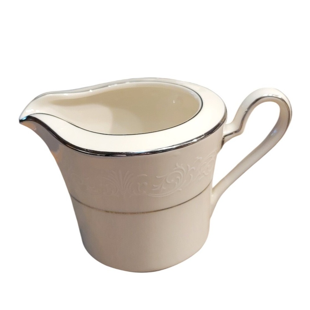 Noritake Marseille Ivory China Creamer Pitcher Silver Trim Elegant Footed 7550